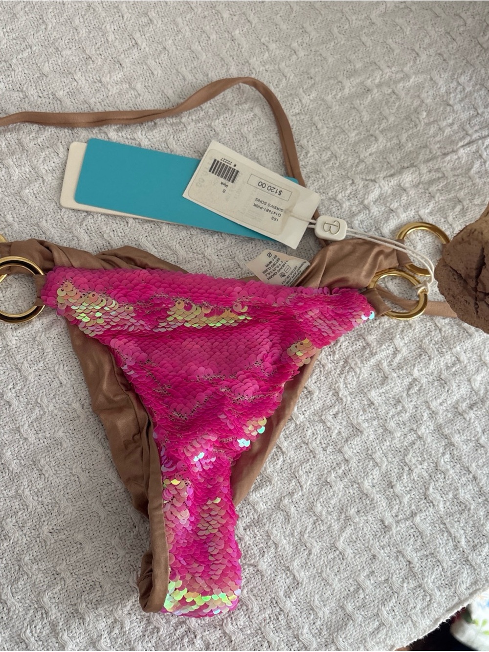 Beach Bunny Pink Sequin Bikini Bottom with Tan Accents - Picture 3 of 6